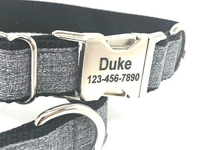 Gray And Black Denim Look Dog Collar in Medium, and Large and Extra Large Dog Collar For Boys and Male Dogs, Personalized, Engraved, Custom