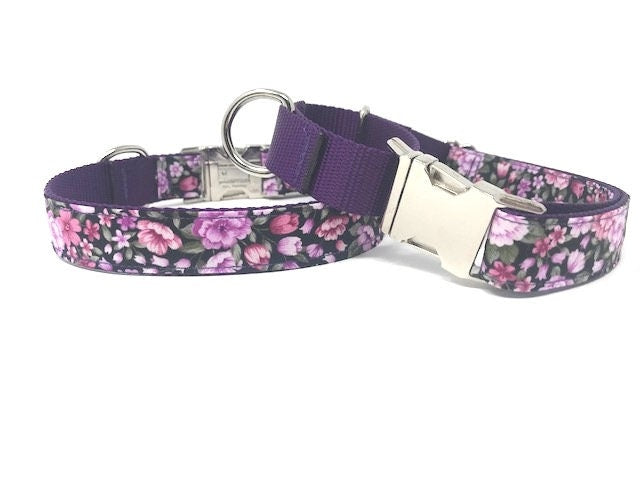 Purple Dog Collar, Floral Dog Collar, Pink Dog Collar, Flowers, Dog Collar For Girls, Martingale Dog Collar, Custom, Personalized, Engraved