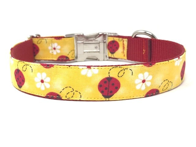 Cute Red And Yellow Ladybug And Floral Dog Collar For Girls Or Boys, Animal Print, Summer, Personalized, Laser Engraved, Customized