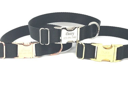 Personalized Solid Black Nylon Dog Collar, Laser Engraved, Customized, Gold, Rose Gold, Silver, Puppy, Girls, Boys, Male, Female, ID tag