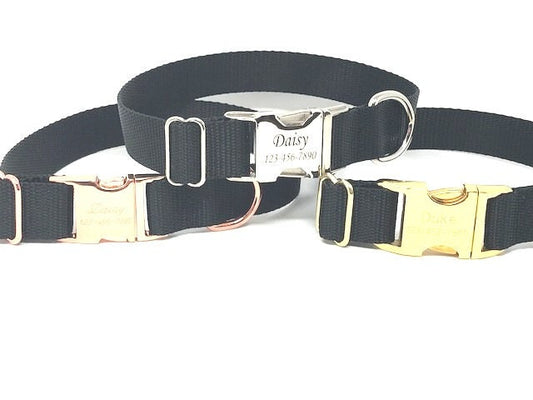 Personalized Solid Black Nylon Dog Collar, Laser Engraved, Customized, Gold, Rose Gold, Silver, Puppy, Girls, Boys, Male, Female, ID tag