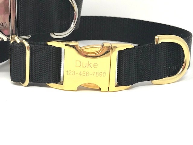 Personalized Solid Black Nylon Dog Collar, Laser Engraved, Customized, Gold, Rose Gold, Silver, Puppy, Girls, Boys, Male, Female, ID tag