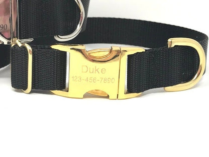 Personalized Solid Black Nylon Dog Collar, Laser Engraved, Customized, Gold, Rose Gold, Silver, Puppy, Girls, Boys, Male, Female, ID tag