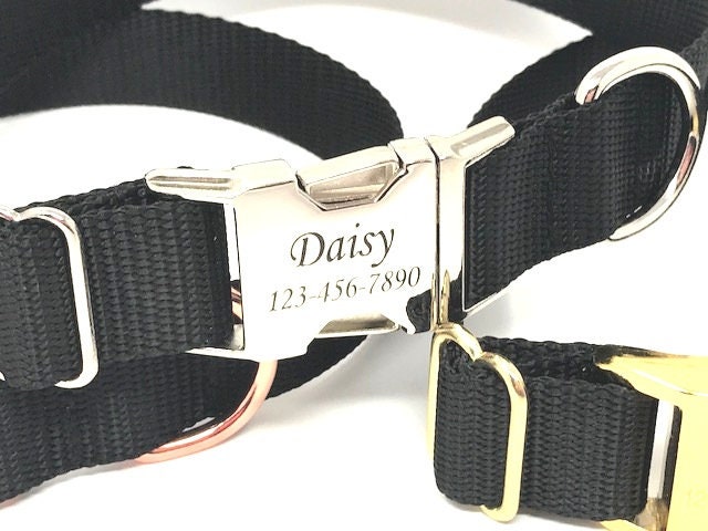 Personalized Solid Black Nylon Dog Collar, Laser Engraved, Customized, Gold, Rose Gold, Silver, Puppy, Girls, Boys, Male, Female, ID tag
