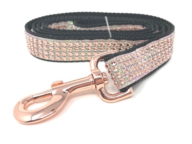 Rose Gold Dog Leash, Black Nylon, Bling And Sparkly Rhinestone And Glitter Fancy Dog Leash With Rose Gold Hardware, Girl Dog Leash, Female