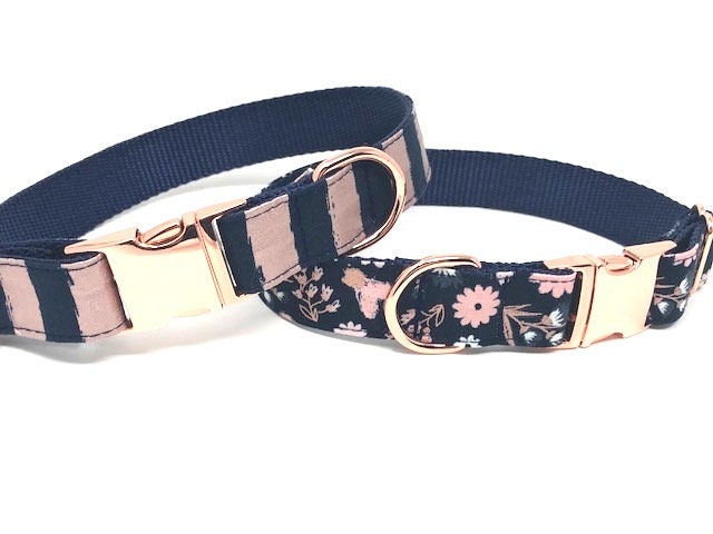 Pink, Rose Gold, Blue, Dog Collar, Stripes, Floral, Navy Blue, Girls, Female, Fancy, Designer, Fashion, Personalized, Engraved, Customized