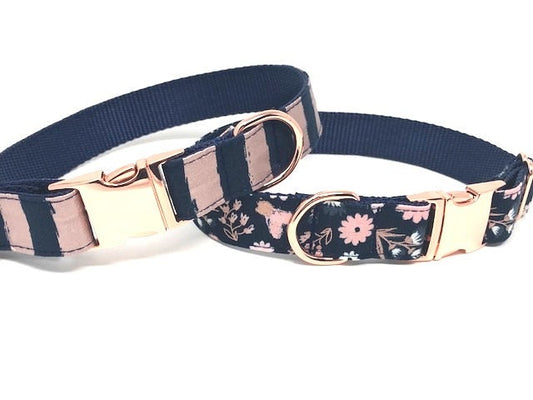 Pink, Rose Gold, Blue, Dog Collar, Stripes, Floral, Navy Blue, Girls, Female, Fancy, Designer, Fashion, Personalized, Engraved, Customized