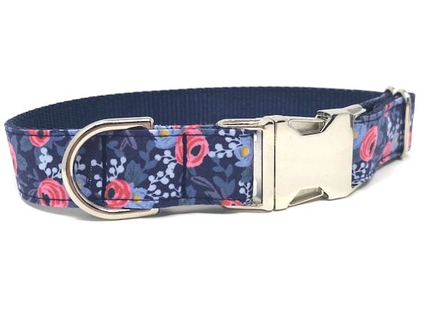Wide Pink + Blue Floral Dog Collar, Roses, Flower, Girls, Females, Summer, Personalized, Custom, Engraved, Pretty, Flowers, Navy Blue, Metal