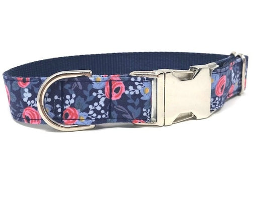 Wide Pink + Blue Floral Dog Collar, Roses, Flower, Girls, Females, Summer, Personalized, Custom, Engraved, Pretty, Flowers, Navy Blue, Metal