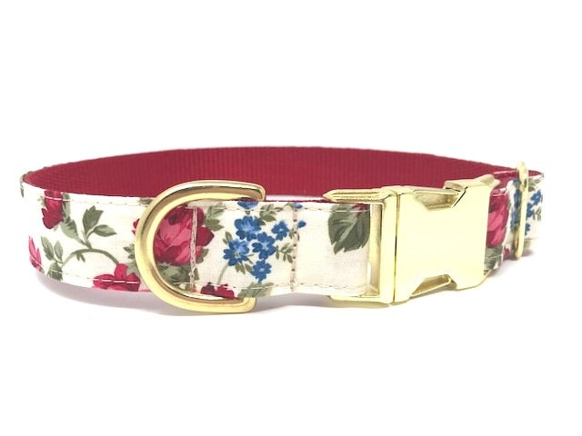 Pretty, Floral, Dog Collar, Gold Hardware And Buckle, Girls, Female, Summer, Vintage, Personalized, Engraved, Customized