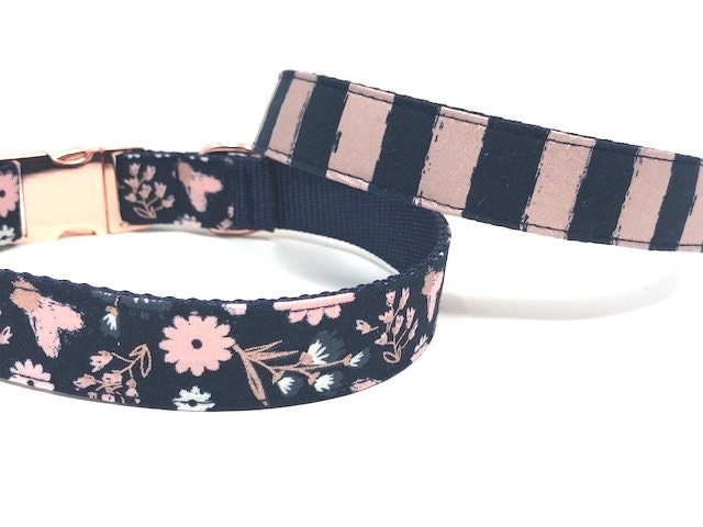 Pink, Rose Gold, Blue, Dog Collar, Stripes, Floral, Navy Blue, Girls, Female, Fancy, Designer, Fashion, Personalized, Engraved, Customized