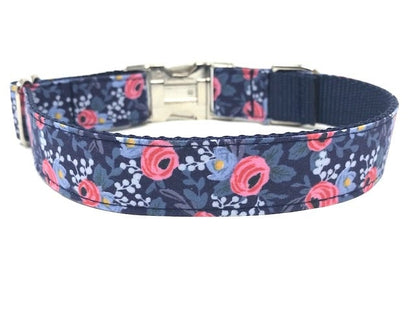 Wide Pink + Blue Floral Dog Collar, Roses, Flower, Girls, Females, Summer, Personalized, Custom, Engraved, Pretty, Flowers, Navy Blue, Metal
