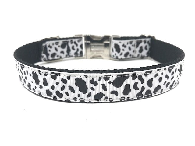 Cow Print Dog Collar, Black, White, Girls, Boys, Male, Female, Animal Print, Silver, Metal Hardware, Buckle, Personalized, Engrave, Custom