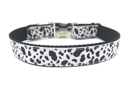 Cow Print Dog Collar, Black, White, Girls, Boys, Male, Female, Animal Print, Silver, Metal Hardware, Buckle, Personalized, Engrave, Custom