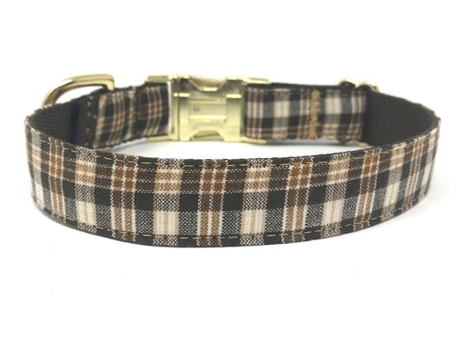 Dog Collar, Boys, Male, Plaid, Brown, Cream, Tan, Khaki, Gold, Fall, Autumn, Personalized, Engraved, Small, Medium, Large, Extra Large