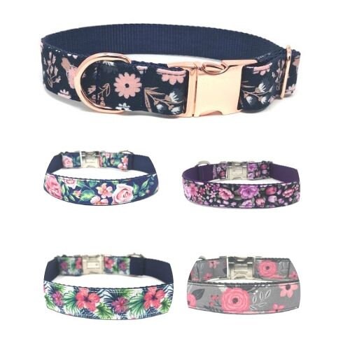 Floral, Dog Collar, For Girls, Pink, Purple, Rose Gold, Blue, Green, Gray, Female, Personalized, Engraved, Small, Medium, Large, Extra Large