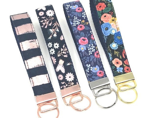 Key Fob, Wristlet, Chain, Floral, Pink, Rose Gold, Blue, Gold, Silver, Flowers, Vintage, Trendy, Women, Girls, Fashion, Fabric, Nylon