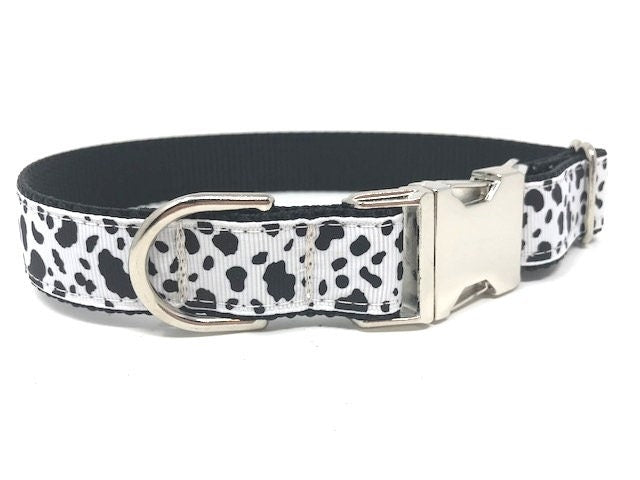 Cow Print Dog Collar, Black, White, Girls, Boys, Male, Female, Animal Print, Silver, Metal Hardware, Buckle, Personalized, Engrave, Custom