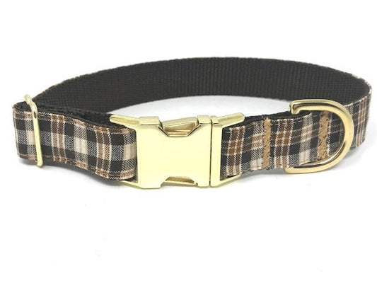 Dog Collar, Boys, Male, Plaid, Brown, Cream, Tan, Khaki, Gold, Fall, Autumn, Personalized, Engraved, Small, Medium, Large, Extra Large