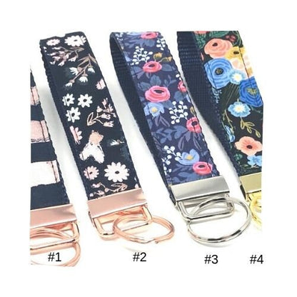 Key Fob, Wristlet, Chain, Floral, Pink, Rose Gold, Blue, Gold, Silver, Flowers, Vintage, Trendy, Women, Girls, Fashion, Fabric, Nylon