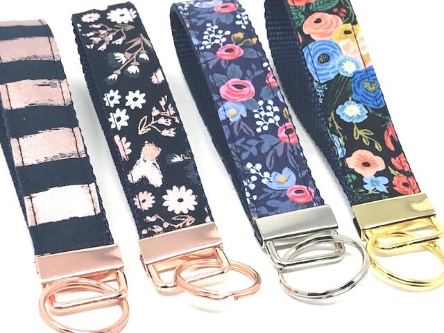 Key Fob, Wristlet, Chain, Floral, Pink, Rose Gold, Blue, Gold, Silver, Flowers, Vintage, Trendy, Women, Girls, Fashion, Fabric, Nylon