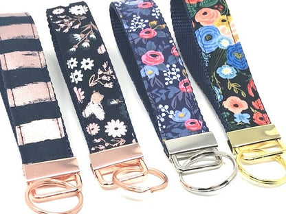 Key Fob, Wristlet, Chain, Floral, Pink, Rose Gold, Blue, Gold, Silver, Flowers, Vintage, Trendy, Women, Girls, Fashion, Fabric, Nylon