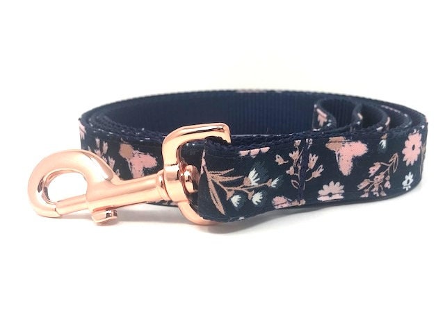 Dog Leash, For Girls, Fabric, Rose Gold, Pink, Navy Blue, Floral, Floral, Fashion, Trendy, Pretty, Female, Dog Lead