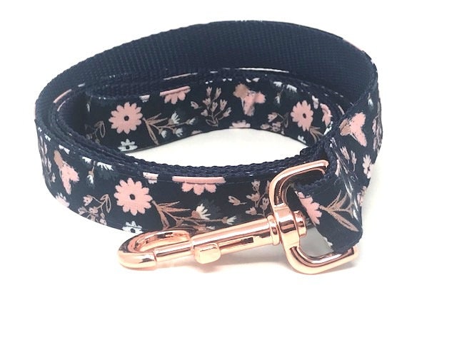 Dog Leash, For Girls, Fabric, Rose Gold, Pink, Navy Blue, Floral, Floral, Fashion, Trendy, Pretty, Female, Dog Lead