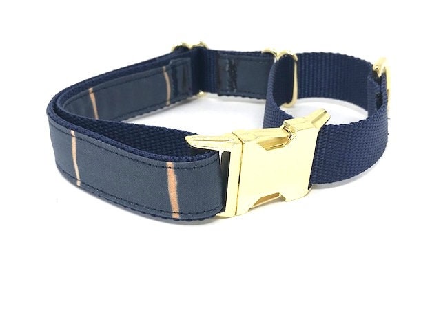 Martingale, Dog Collar, With Buckle, For Boys, Navy Blue, Gold, Stripe, Male, Personalized, Engraved, Small, Medium, Large, Extra Large