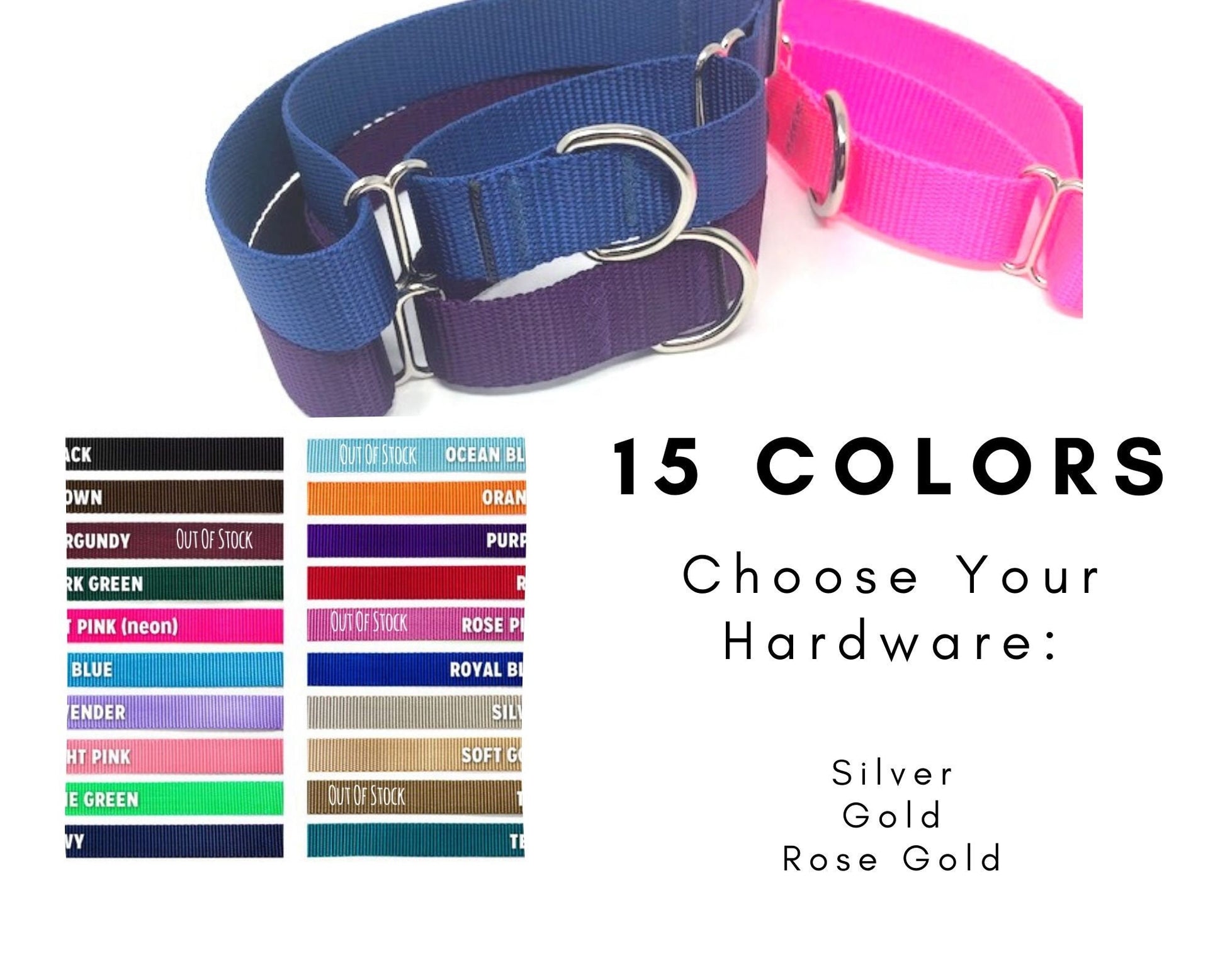 Martingale Dog Collar, Nylon, Girls, Boys, Blue, Pink, Purple, Gold, Grey, + Colors, Silver, Gold, Rose Gold, Metal Hardware, Heavy Duty