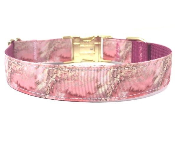 Pink Marble, Raspberry Nylon, Gold Hardware And Buckle, Dog Colla,r For Girls, Personalized, Customized, Engraved, Medium, Large, XL
