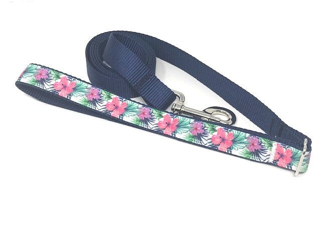 Floral Dog Collar, Tropical Hibiscus Floral Pet Collar, For Girls, Boys, Hawaiian Inspired, Metal Buckle, Personalized, Engraved, Custom