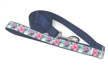 Floral Dog Collar, Tropical Hibiscus Floral Pet Collar, For Girls, Boys, Hawaiian Inspired, Metal Buckle, Personalized, Engraved, Custom
