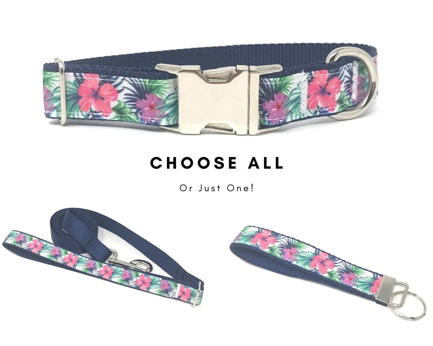 Floral Dog Collar, Tropical Hibiscus Floral Pet Collar, For Girls, Boys, Hawaiian Inspired, Metal Buckle, Personalized, Engraved, Custom