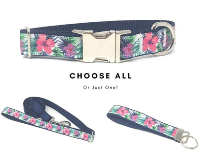 Floral Dog Collar, Tropical Hibiscus Floral Pet Collar, For Girls, Boys, Hawaiian Inspired, Metal Buckle, Personalized, Engraved, Custom