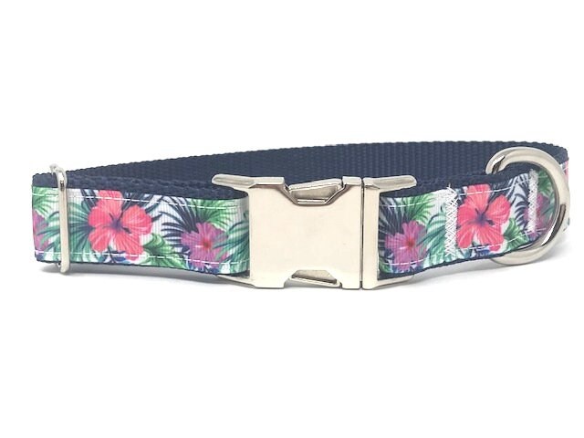 Floral Dog Collar, Tropical Hibiscus Floral Pet Collar, For Girls, Boys, Hawaiian Inspired, Metal Buckle, Personalized, Engraved, Custom