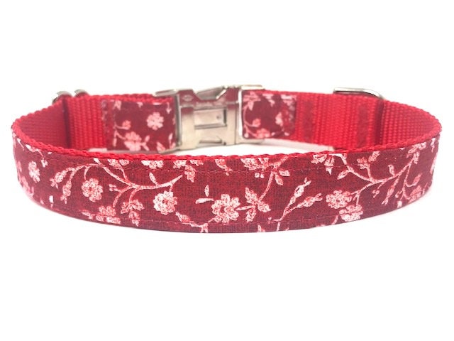 Red Floral, Dog Collar, For Girls, Female, Personalized, Engraved, Small, Medium, Large, Extra Large, Gold, Silver, Metal Buckle