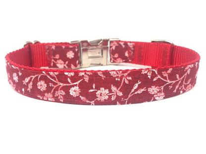 Red Floral, Dog Collar, For Girls, Female, Personalized, Engraved, Small, Medium, Large, Extra Large, Gold, Silver, Metal Buckle