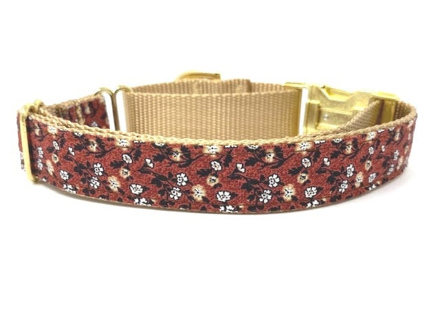 Burgundy, Red, Maroon, Brown, Tan, Gold, Floral Dog Collar, Martingale With Gold Metal Buckle, For Girls, Female, Personalized, Choker
