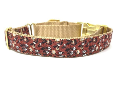 Burgundy, Red, Maroon, Brown, Tan, Gold, Floral Dog Collar, Martingale With Gold Metal Buckle, For Girls, Female, Personalized, Choker