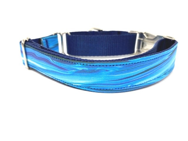 Martingale Dog Collar, With Silver Metal Buckle, Boys, Blue, White, Geometric, Ink Waves, Personalized, Pet Collar, Choker, Greyhound