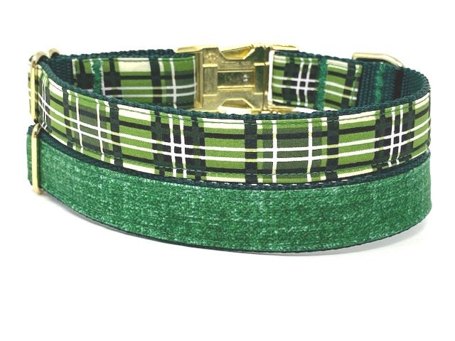 Option To Engrave, Green Dog Collar, For Boys, Plaid, Linen, Gold, Male Dog Collar, Personalized, Engraved, Small, Medium, Large, Designer
