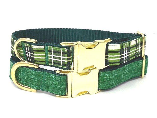 Option To Engrave, Green Dog Collar, For Boys, Plaid, Linen, Gold, Male Dog Collar, Personalized, Engraved, Small, Medium, Large, Designer