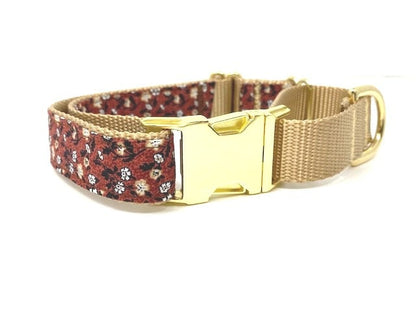 Burgundy, Red, Maroon, Brown, Tan, Gold, Floral Dog Collar, Martingale With Gold Metal Buckle, For Girls, Female, Personalized, Choker