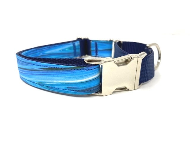 Martingale Dog Collar, With Silver Metal Buckle, Boys, Blue, White, Geometric, Ink Waves, Personalized, Pet Collar, Choker, Greyhound