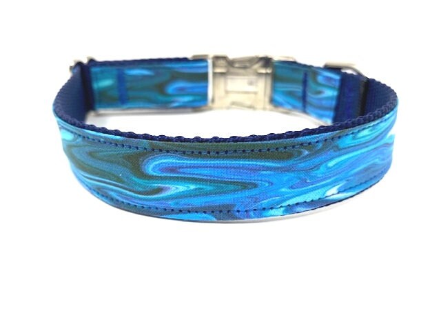 Blue, Ocean Wave, Custom, Dog Collar, Boy, Personalized, Engraved, Cute, Designer, Puppy, Cat, Pet, Small, Medium, Large, Fashion, Ink Wave