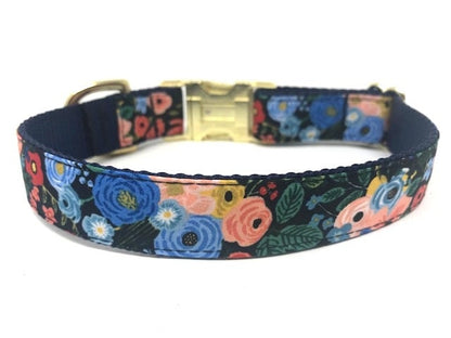 Floral, Dog Collar, W/ Gold, Rose Gold, or Silver Metal Buckle, For Girls, Females, Navy Blue, Pink, Trendy, Fashion, Personalized, Engraved