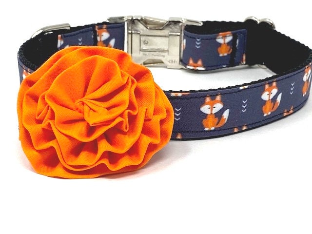 Wide, Martingale, Dog Collar, With Metal Buckle, For Girls, Boys, Woodland, Fox, Black, Orange, Animal Print, Personalized, Engraved, Custom