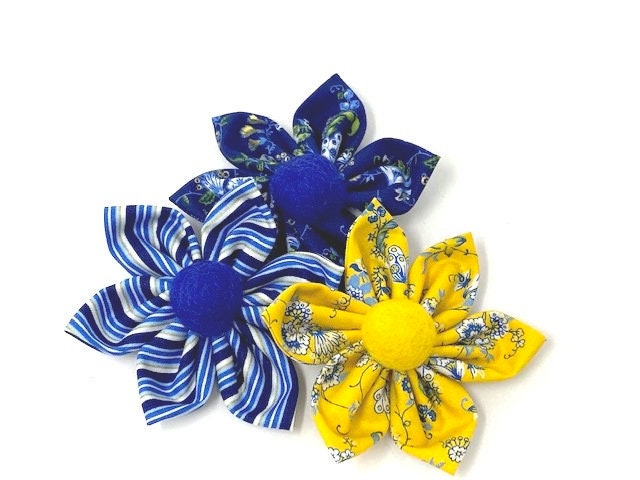 Dog Collar Flower Add On, Optional, Removable, Girls, Approx 3", Small, Medium, Large, Bow Tie, Blue, Yellow, Floral, Stripe