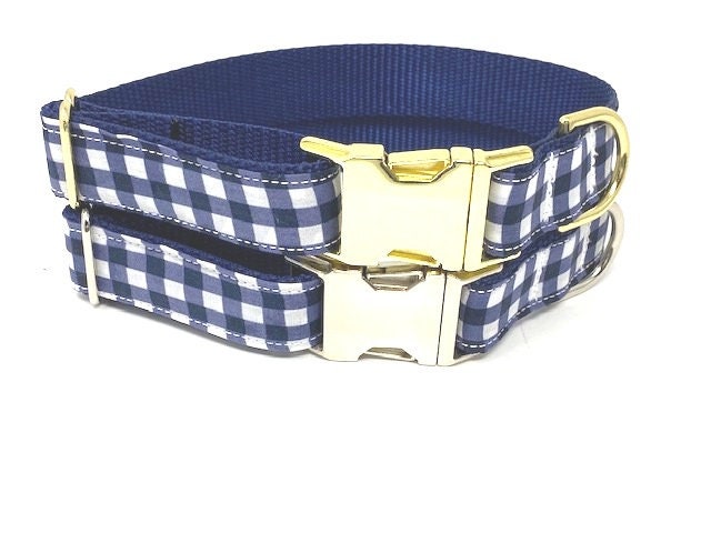 Dog Collar, Blue, White, Plaid, Preppy, Gold, Silver, For Boys, Nautical Inspired, Personalized, Engraved, Custom, Cat, Pet Collar
